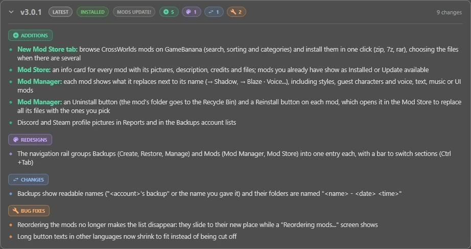Changelog: Version history